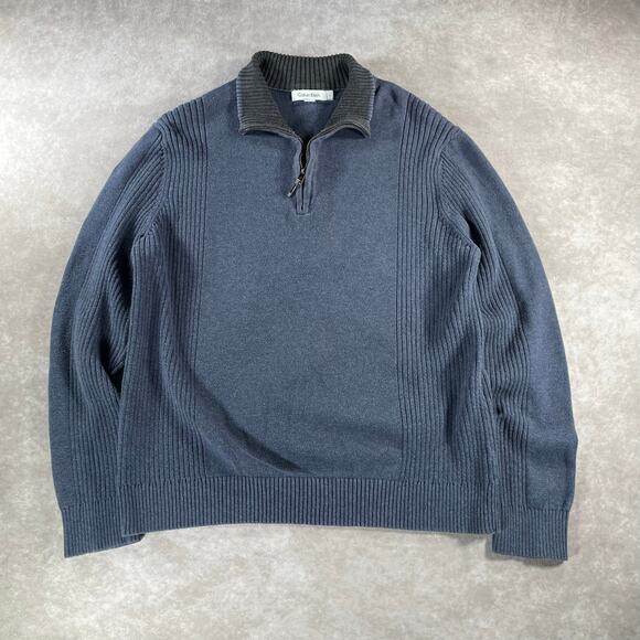 Calvin Klein Blue And Grey Cozy Cotton Quarter Zip Sweater - Picture 1 of 5